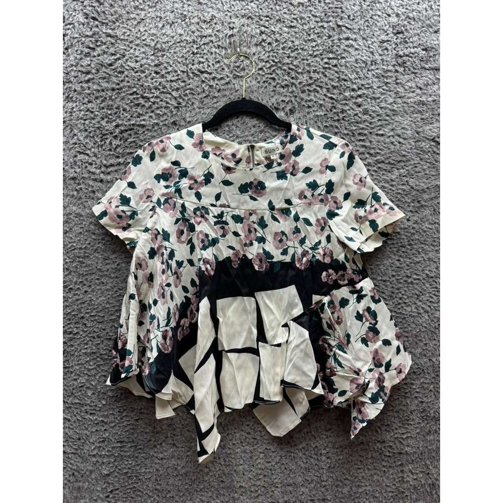 Suno Floral Printed Asymmetric‎ Silk Crew Neck Blouse Multicolor Womens Size 4